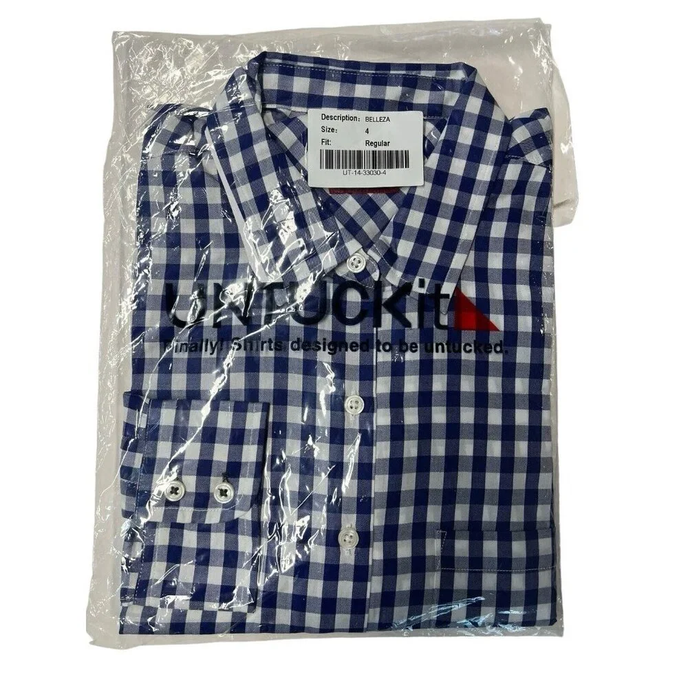 UNTUCKit Womens Belleza Button Up Long Sleeve Shirt~Various~Blue Gingham Top NWT - Picture 2 of 5
